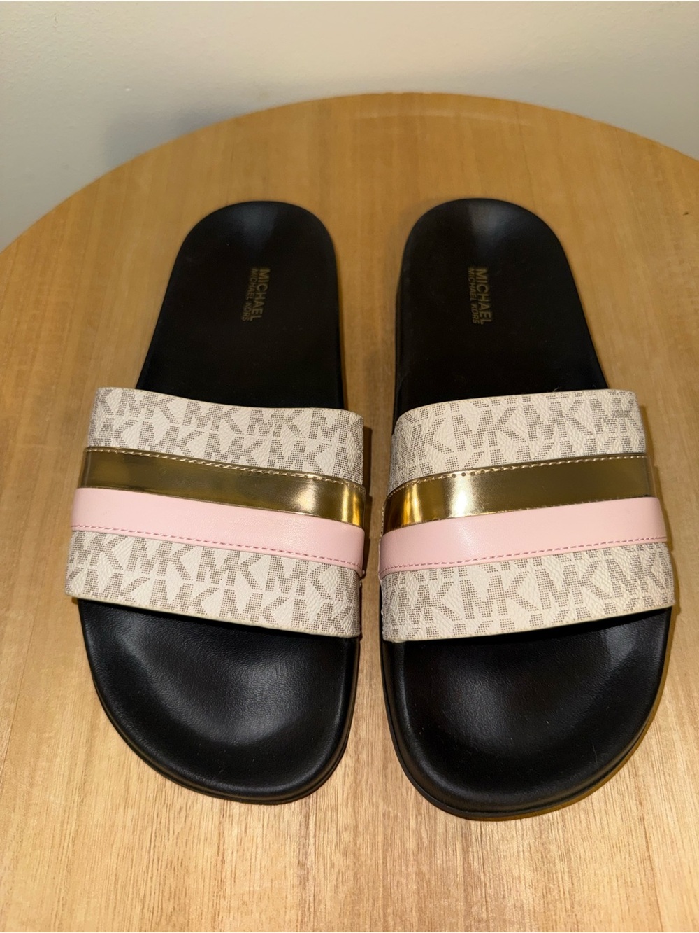 Michael Kors Beige MK Logo Slides with Pink and Gold Straps
